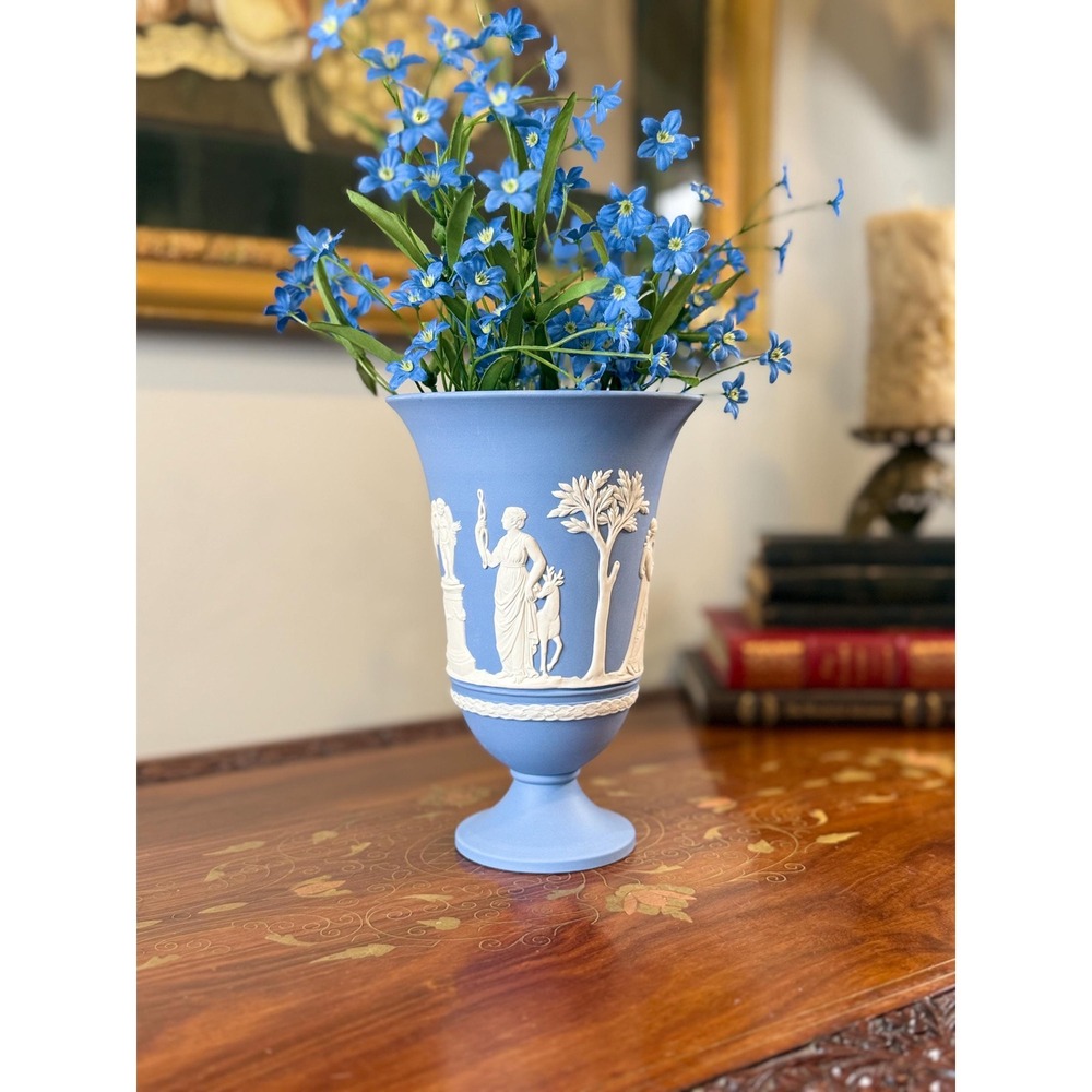 Vintage 1978 Wedgwood Jasperware Vase • Blue White Neoclassical Pedestal Urn